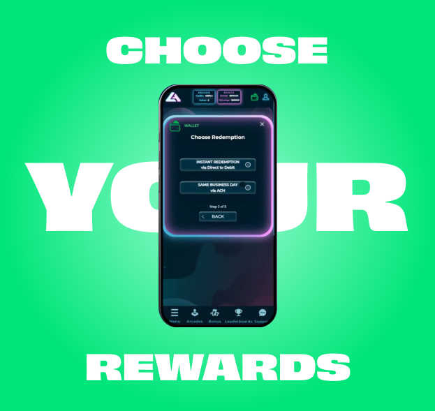 Select rewards effortlessly; green background with phone mockup showcasing reward options.