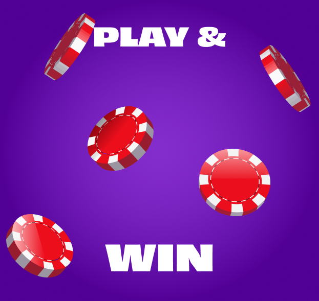 Play & Win to earn rewards; purple background with casino tokens adding excitement.