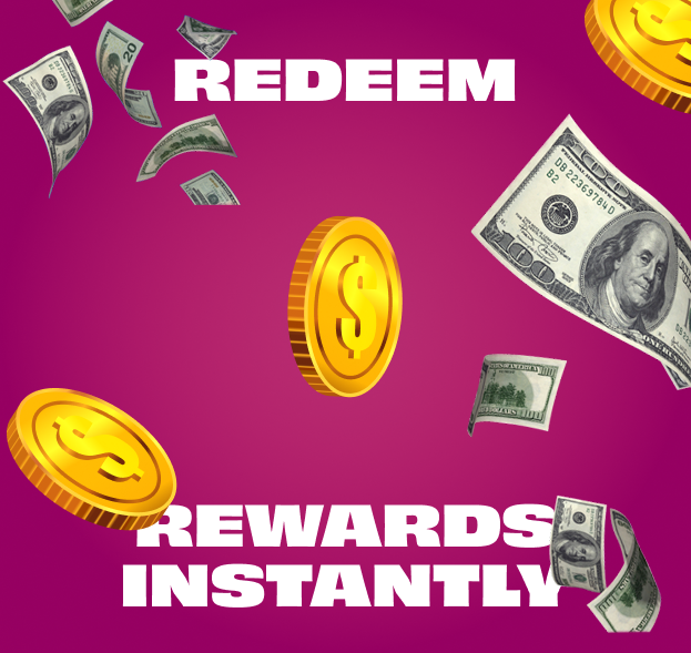 Redeem rewards instantly with floating cash and coins on a pink background, symbolizing quick rewards.